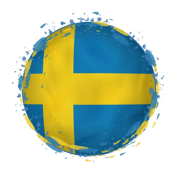 Круглый гранж-флаг Швеции с брызгами в цвете флага . — стоковый вектор