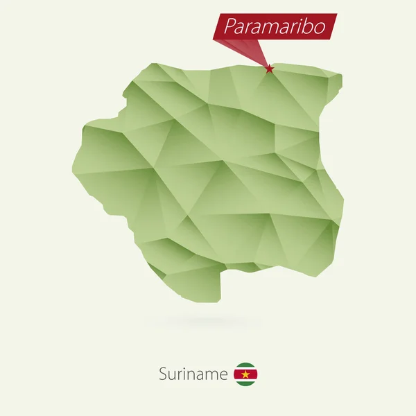 Grüner Gradient Low-Poly-Karte von Surinam mit Hauptstadt Paramaribo — Stockvektor