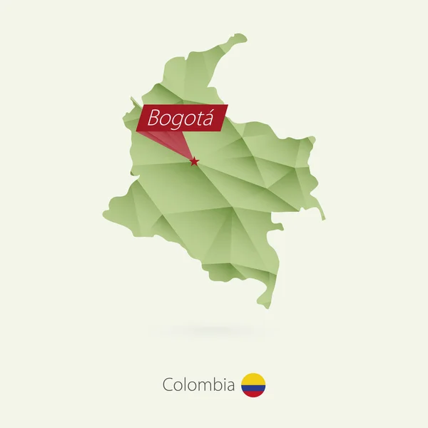 Gröna gradient låg poly karta över Colombia med huvudstaden Bogota — Stock vektor