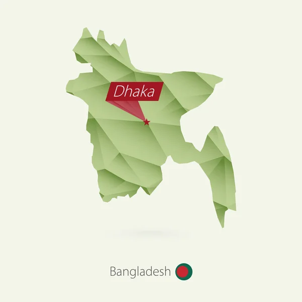 Зеленая низко-полюсная карта Бангладеш со столицей Дхака — стоковый вектор