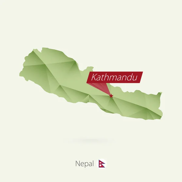 Gradiente verde mapa poli bajo de Nepal con capital Katmandú — Vector de stock