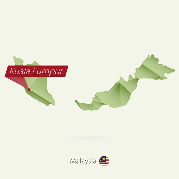 Gradiente verde mapa poli bajo de Malasia con capital Kuala Lumpur — Vector de stock