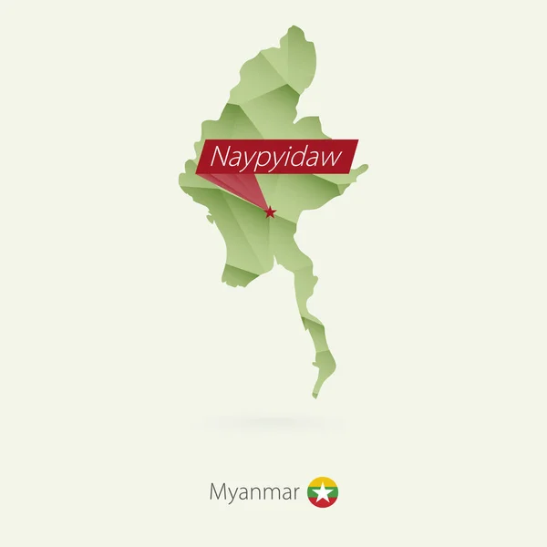 Carte poly de Myanmar à faible pente verte avec la capitale Naypyidaw — Image vectorielle