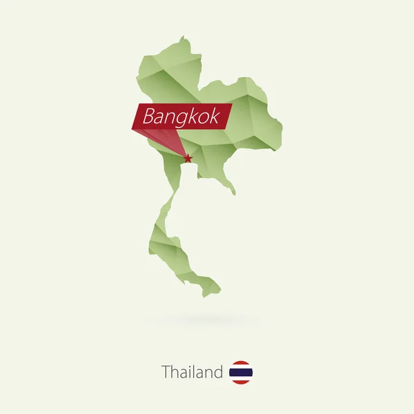 Groene gradiënt laag poly-kaart van Thailand met hoofdstad Bangkok — Stockvector