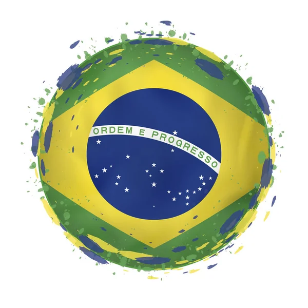 Ronde grunge vlag van Brazilië met spatten in vlagkleur. — Stockvector