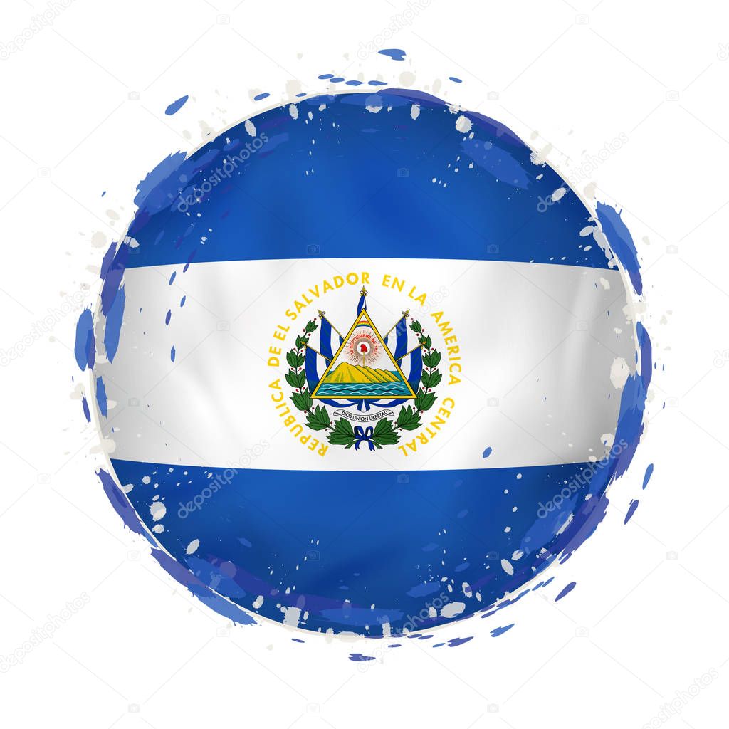 Round grunge flag of El Salvador with splashes in flag color. 