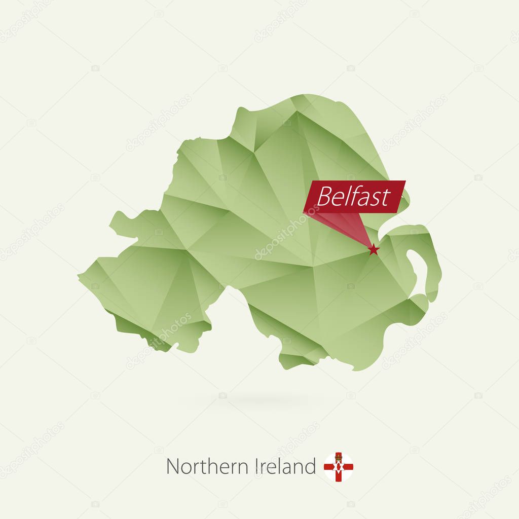 Green gradient low poly map of Northern Ireland with capital Belfast