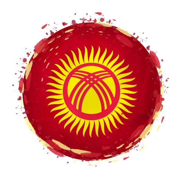 Bandera grunge redonda de Kirguistán con salpicaduras en el color de la bandera . — Vector de stock