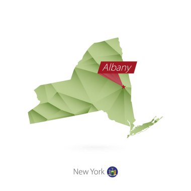 Green gradient low poly map of New York with capital Albany clipart