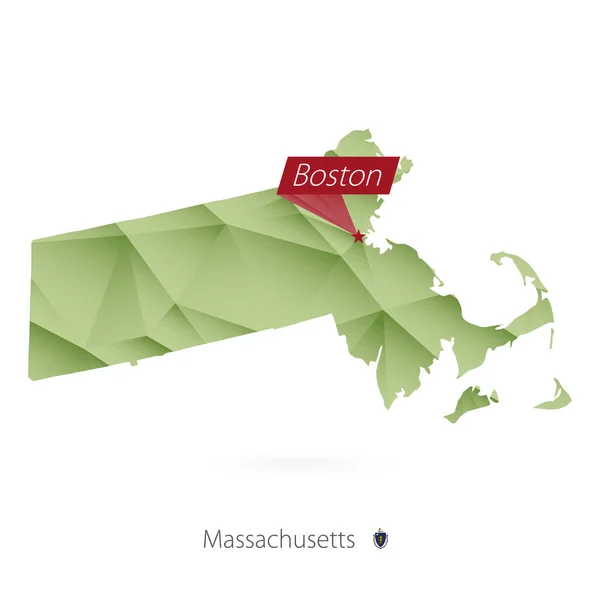 Πράσινο κλίση χαμηλή poly χάρτη της Μασαχουσέτης με κεφαλαίο: Βοστόνη — Διανυσματικό Αρχείο