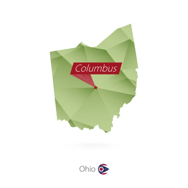 Gradiente verde mapa poli baixo de Ohio com capital Columbus — Vetor de Stock