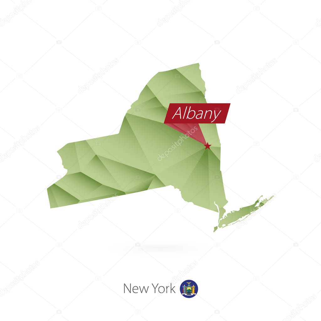 Green gradient low poly map of New York with capital Albany
