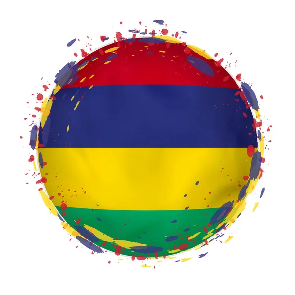 Ronde grunge vlag van Mauritius met spatten in vlagkleur. — Stockvector