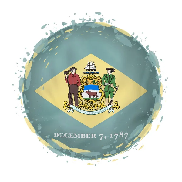 Bandeira grunge redonda do estado dos EUA de Delaware com salpicos na cor da bandeira . — Vetor de Stock