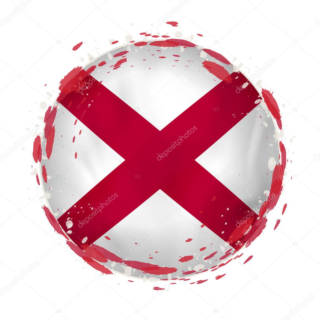 Round grunge flag of Alabama US state with splashes in flag color. 