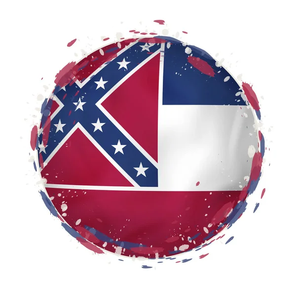 Ronde grunge vlag van Mississippi ons staat met spatten in vlagkleur. — Stockvector