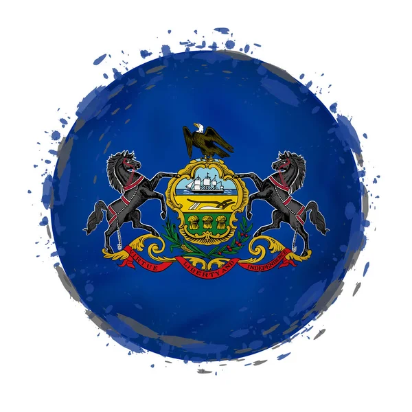 Bandera grunge redonda del estado de Pennsylvania con salpicaduras en el color de la bandera . — Archivo Imágenes Vectoriales