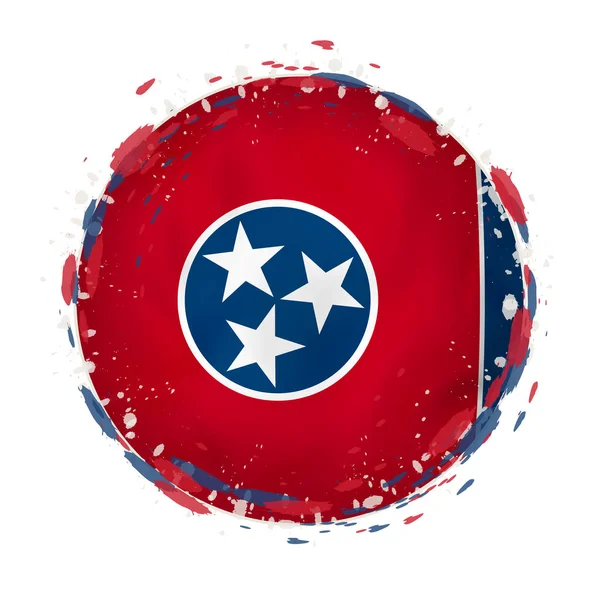 Bandeira grunge redonda do estado dos EUA Tennessee com salpicos na cor da bandeira — Vetor de Stock