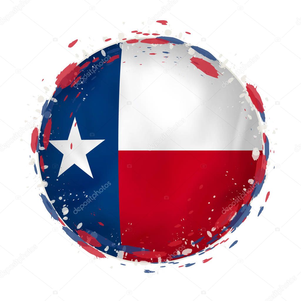 Round grunge flag of Texas US state with splashes in flag color.