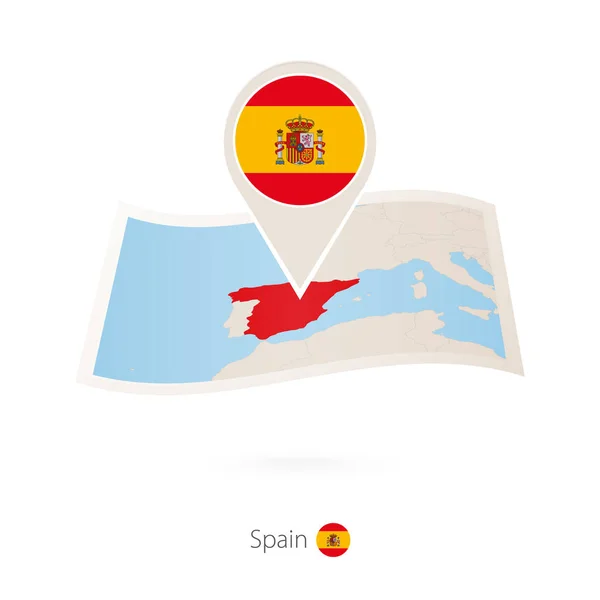 Mapa en papel plegado de España con pasador de bandera de España . — Archivo Imágenes Vectoriales