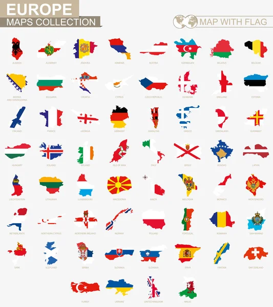 Mapa con bandera Colección países europeos . — Vector de stock