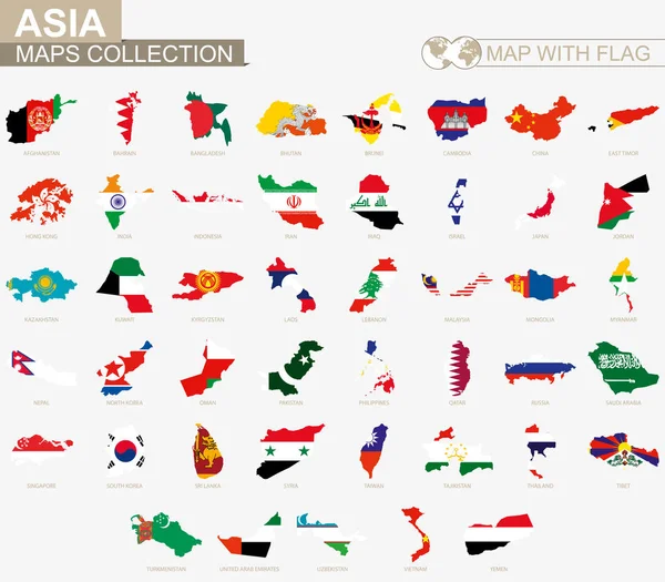 Mapa s vlajkou zemí Asie kolekce. — Stockový vektor
