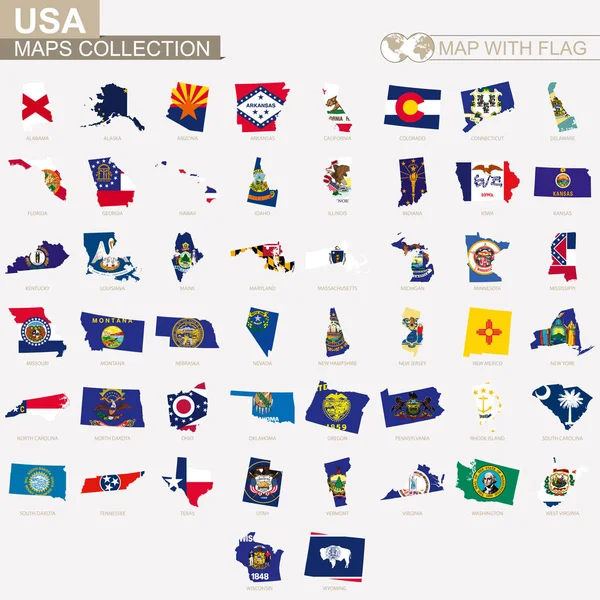 Mapa con la bandera de USA colección de estados . — Vector de stock