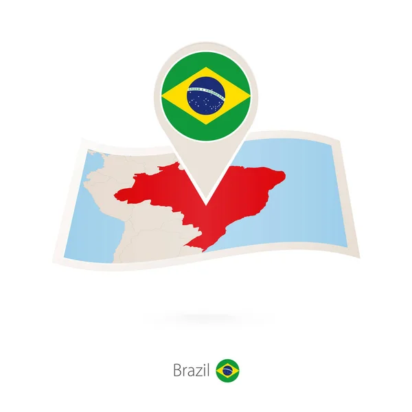 Mapa en papel plegado de Brasil con pasador de bandera de Brasil . — Vector de stock