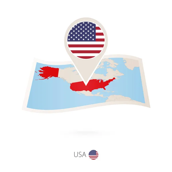 ABD kağıt harita Amerika Birleşik Devletleri bayrağı iğne ile katlanmış. — Stok Vektör