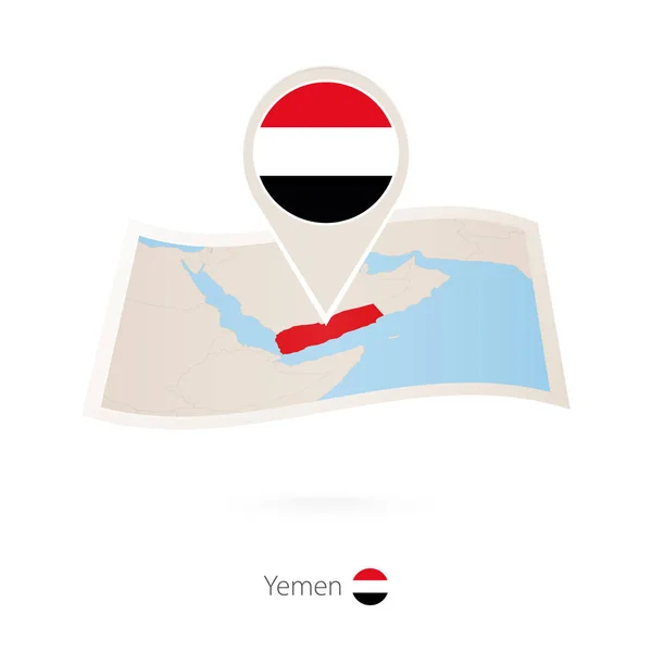 Mapa en papel plegado de Yemen con pasador de bandera de Yemen . — Archivo Imágenes Vectoriales