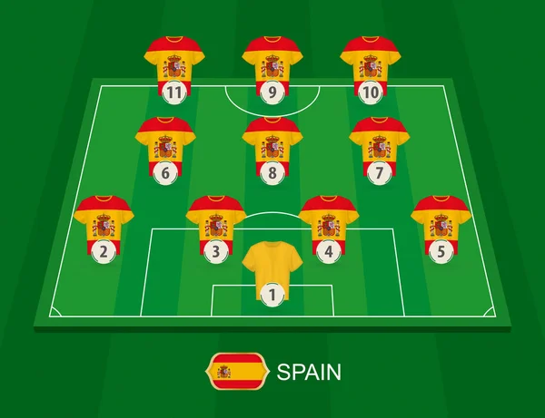 Campo de fútbol con los jugadores de la selección española . — Vector de stock