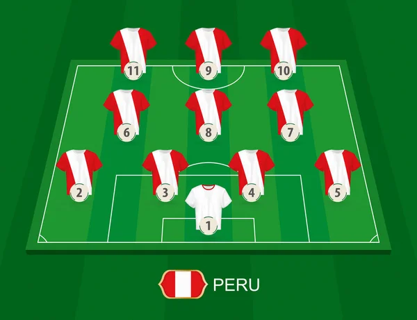 Campo Fútbol Con Los Jugadores Selección Nacional Perú Formación Alineaciones — Vector de stock