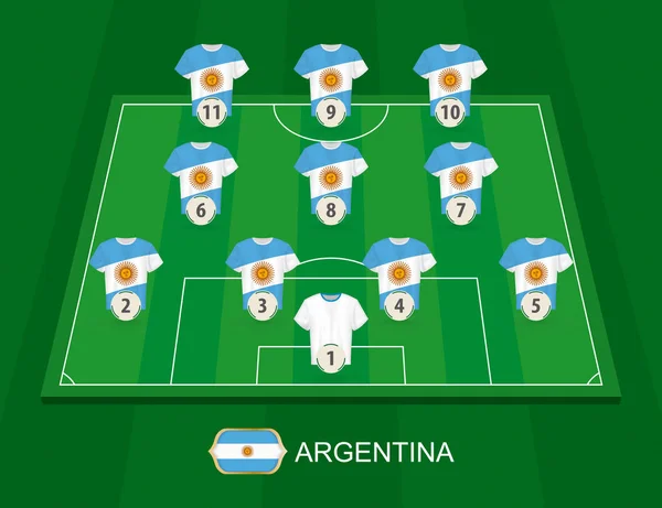 Campo Fútbol Con Los Jugadores Selección Argentina Formación Alineaciones Medio — Vector de stock