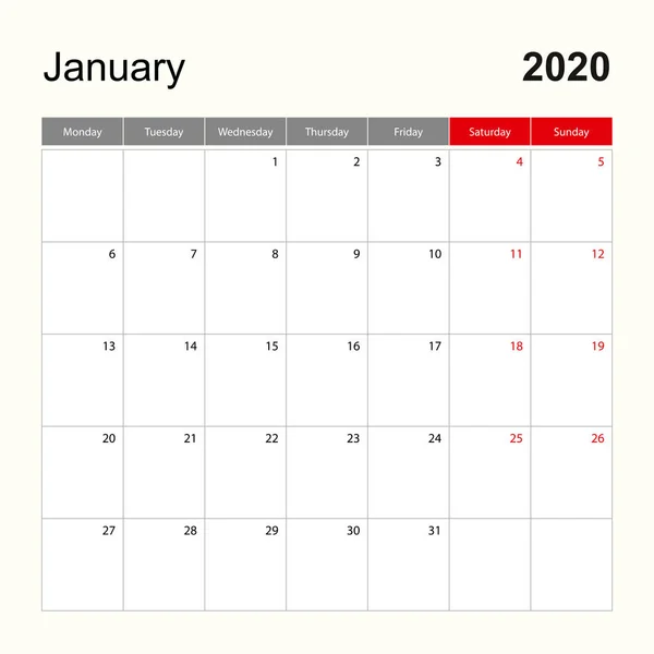 Muurkalender template voor januari 2020. Vakantie en evenement planner, week begint op maandag. — Stockvector