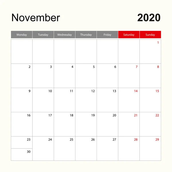 Szablon kalendarza ściennego na listopad 2020 r. Urlop i planowanie imprezy, tydzień zaczyna się w poniedziałek. — Wektor stockowy