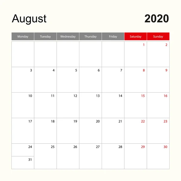 Plantilla de calendario de pared para agosto 2020. Planificador de vacaciones y eventos, la semana comienza el lunes . — Vector de stock