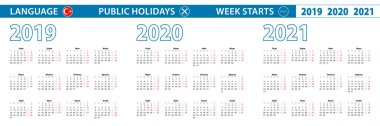 Simple calendar template in Turkish for 2019, 2020, 2021 years. Week starts from Monday.  clipart