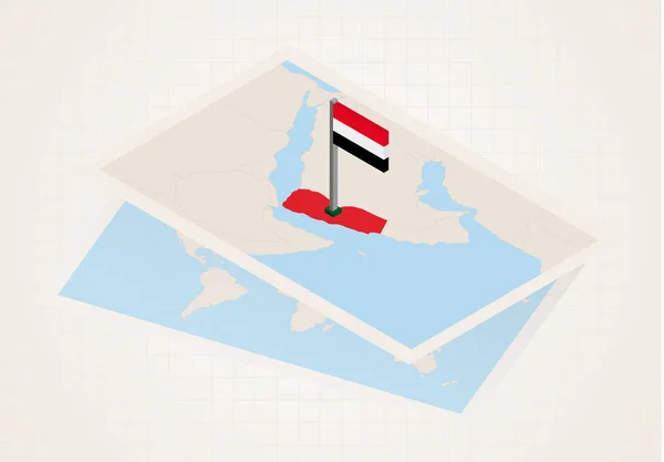 Yemen seleccionado en el mapa con la bandera isométrica de Yemen . — Vector de stock