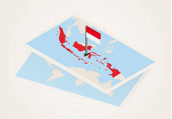 Indonesia selected on map with isometric flag of Indonesia. — Stock Vector