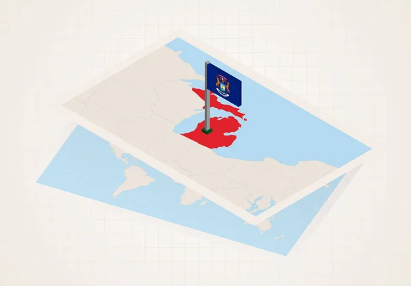 Estado de Michigan seleccionado en el mapa con la bandera isométrica de Michigan . — Vector de stock