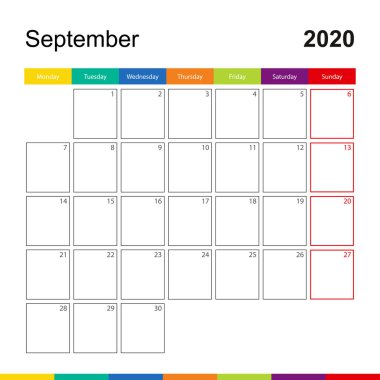 Eylül 2020 Renkli Duvar Takvimi, Hafta Pazartesi başlıyor.