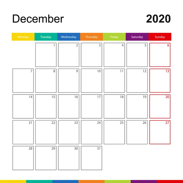 Grudzień 2020 kolorowy kalendarz ścienny, tydzień zaczyna się w poniedziałek. — Wektor stockowy