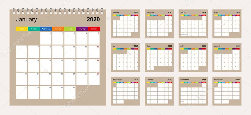 Calendar 2020 colorful design, set of 12 vector wall planner calendar pages on beige background. Week starts on Monday. 