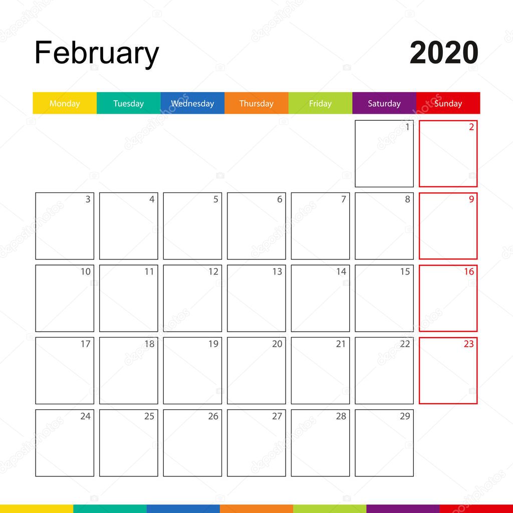 February 2020 colorful wall calendar, week starts on Monday.