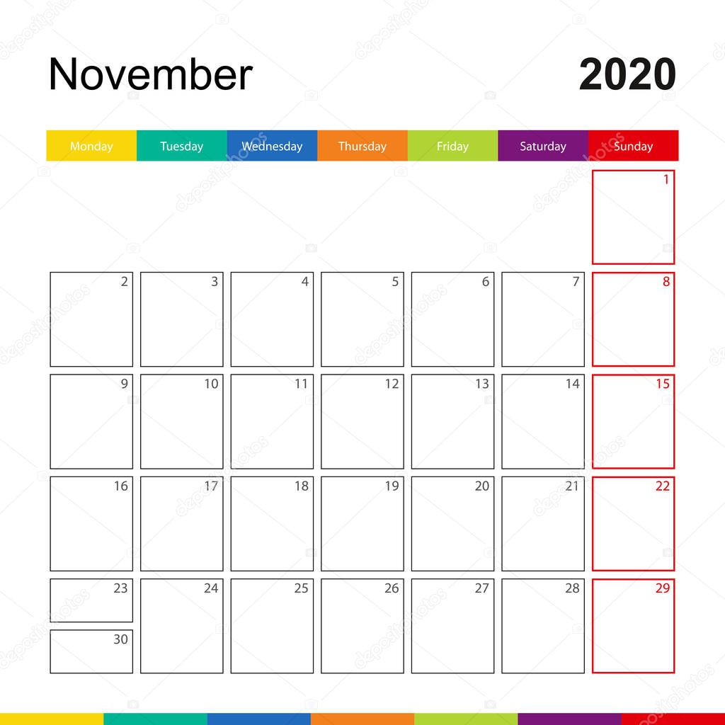 November 2020 colorful wall calendar, week starts on Monday.