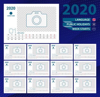 Masa takvimi 2020, İngilizce 'de 2 haftalık. Resim için yer.
