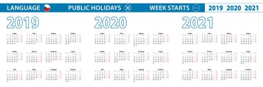 Çekçe 2019, 2020 ve 2021 yıllarının basit takvim şablonu. Hafta pazartesiden itibaren başlıyor.