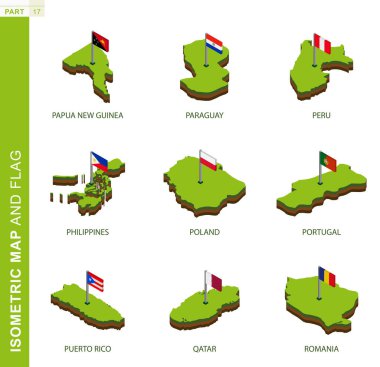 9 izometrik harita ve bayrak seti, 3d vektör izometrik şekil.