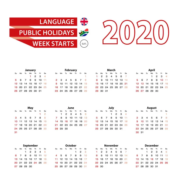 Ημερολόγιο 2020 στην αγγλική γλώσσα με δημόσιες αργίες η χώρα της Νότιας Αφρικής το έτος 2020. Εβδομάδα ξεκινά από την Κυριακή. — Διανυσματικό Αρχείο