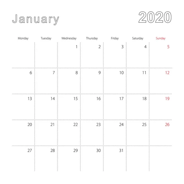 点線で2020年1月のシンプルな壁のカレンダー。カレンダーは英語で、週は月曜日から始まります. — ストックベクタ